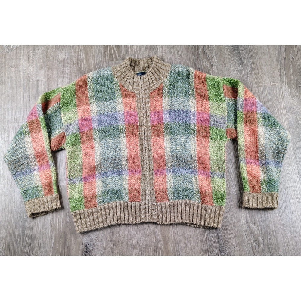Ivy XL Mohair Wool Blend Sweater‎ Cardigan Colorful Plaid Full Zip Y2K ***